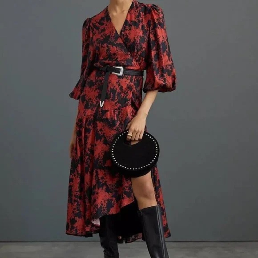 Red and Black High-Low Floral Wrap Dress with Puff Sleeves